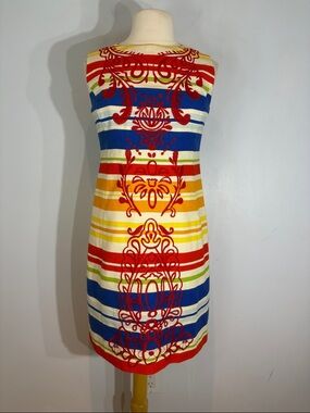 Anthropologie Tabitha Rainbow Stripe Embroidered Shift Dress Cotton Size 10